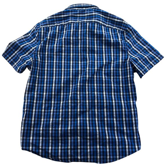 Untuckit Mens Shirt Large Short Sleeve Dark Blue Check Button Up Classic Casual - Picture 2 of 11